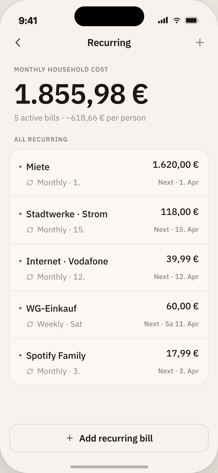Hearth recurring bills screen showing a monthly household cost of 1.855,98 € across 5 active bills (about 618,66 € per person): rent (Miete), Stadtwerke electricity, Vodafone internet, weekly groceries, and Spotify Family, each with its cadence and next due date.