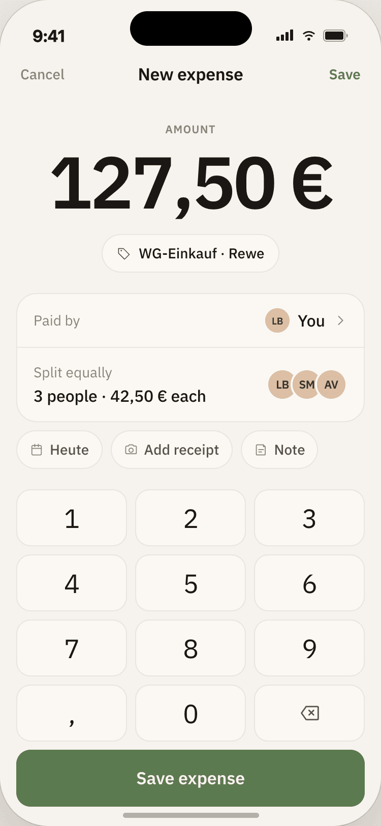 Hearth add-expense screen with a 127,50 € grocery run at Rewe tagged WG-Einkauf, paid by Lukas, split equally three ways at 42,50 € each, plus date, receipt and note shortcuts above a numeric keypad and a sage Save expense button.