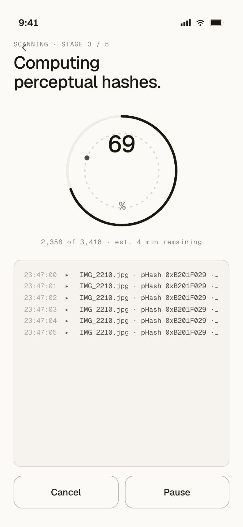 PhotoSweep scan-in-progress screen with an orbital progress indicator at 69 percent, computing perceptual hashes for 2,358 of 3,418 photos, and a live pipeline log of files being processed on device.