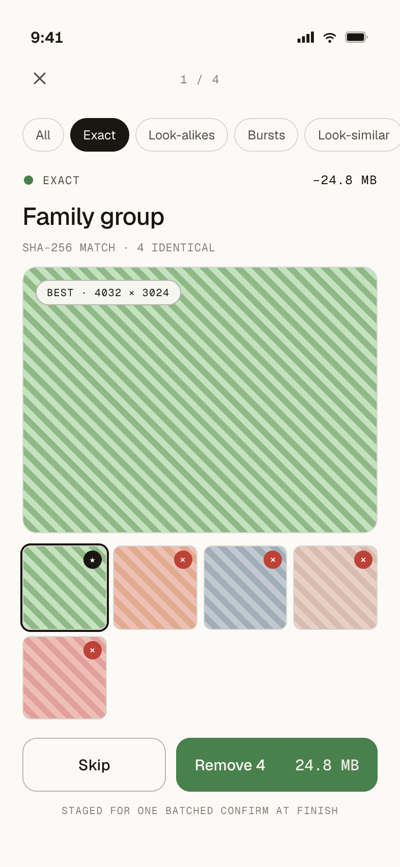PhotoSweep duplicate review screen showing a family-group set of four identical photos matched by SHA-256, with the sharpest copy kept and a green Remove 4 button reclaiming 24.8 MB.