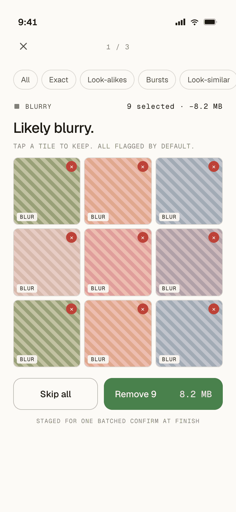PhotoSweep bulk review grid of likely-blurry photos, nine tiles selected by default with a Skip all option and a green Remove 9 button reclaiming 8.2 MB.