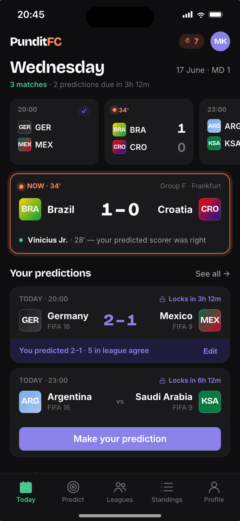 PunditFC home screen on match day: today's fixtures strip, a live Brazil 1–0 Croatia card noting the user's predicted scorer was right, and the user's locked predictions with a 'Make your prediction' call to action.