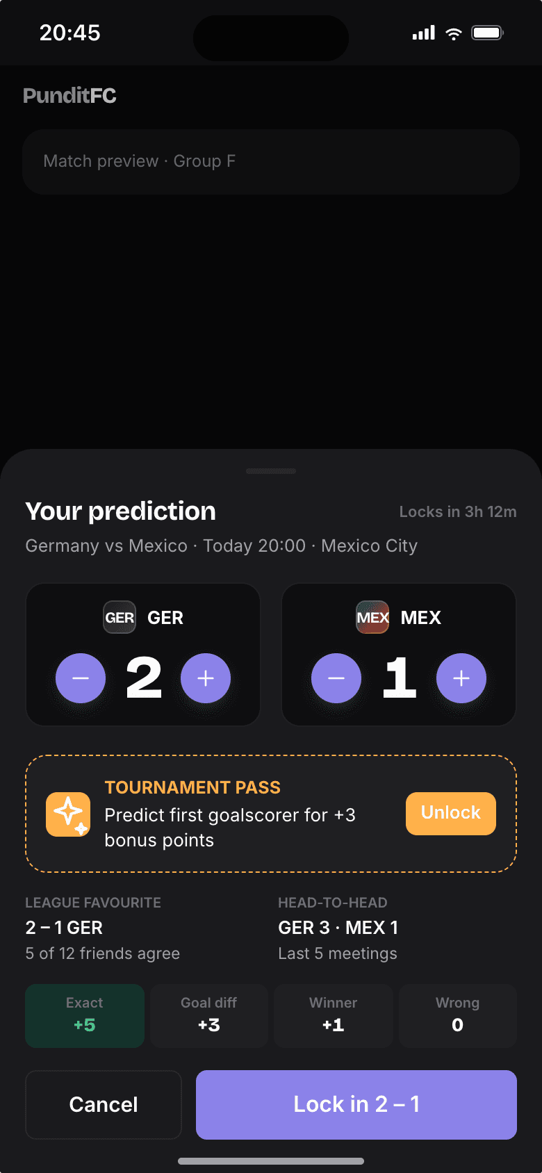 PunditFC make-prediction bottom sheet for Germany vs Mexico: large per-team score steppers set to 2–1, a Tournament Pass upsell to predict the first goalscorer, scoring rules (Exact +5, Goal diff +3, Winner +1), and a 'Lock in 2–1' button.