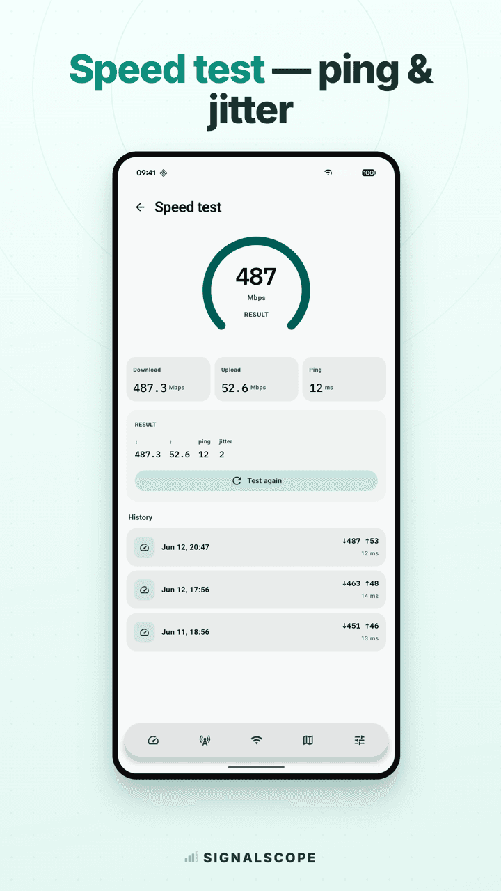 Signalscope speed test result showing download, upload, ping and jitter, with history.