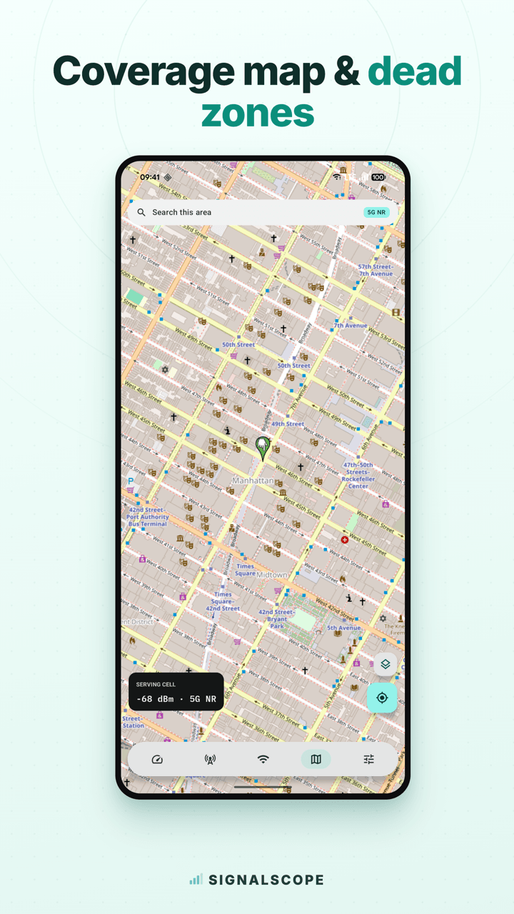 Signalscope coverage map showing your location and nearby cell towers.